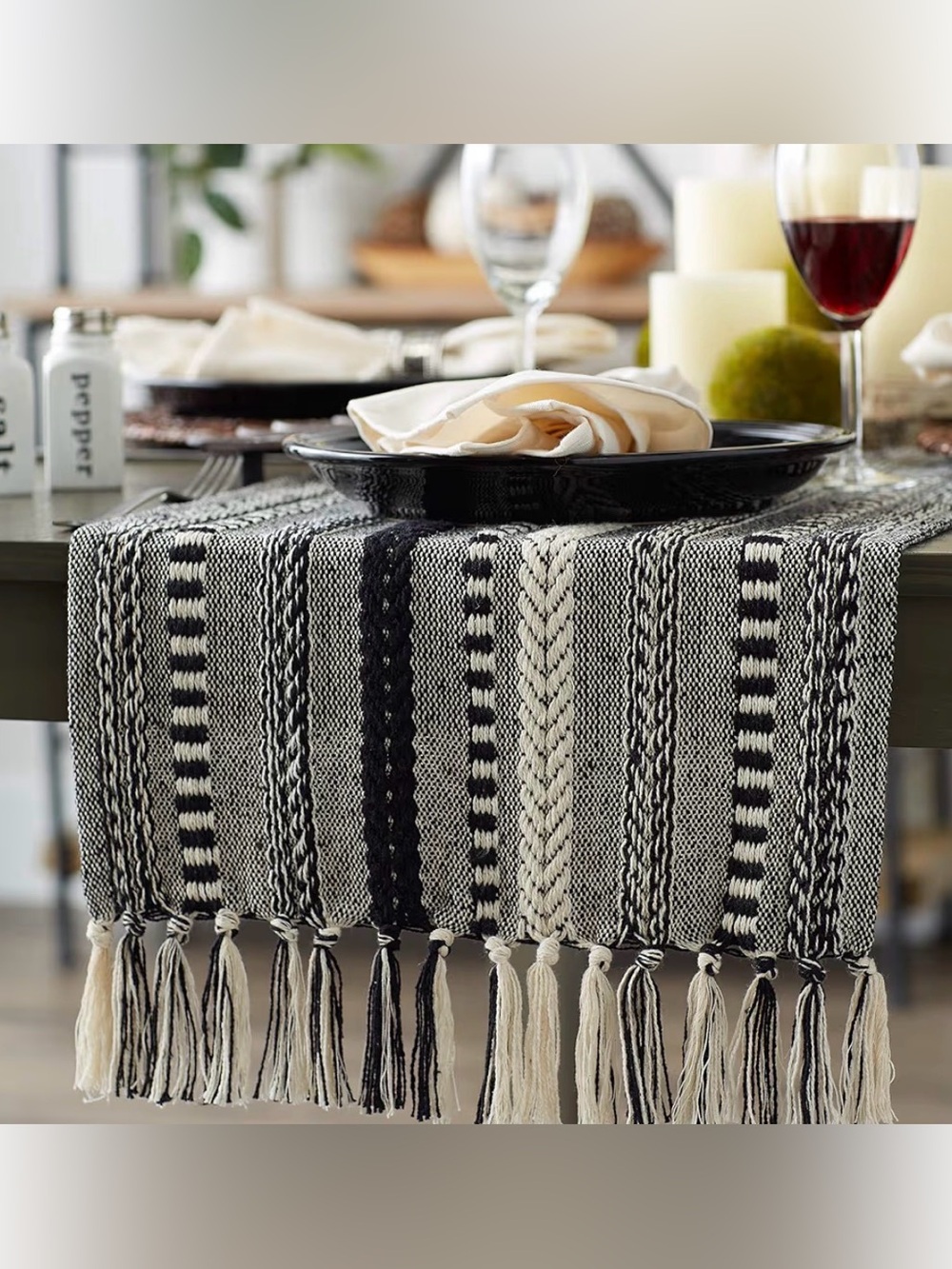 Woven boho blue & Cream braided cotton Striped Table Runner with Fringe 108”